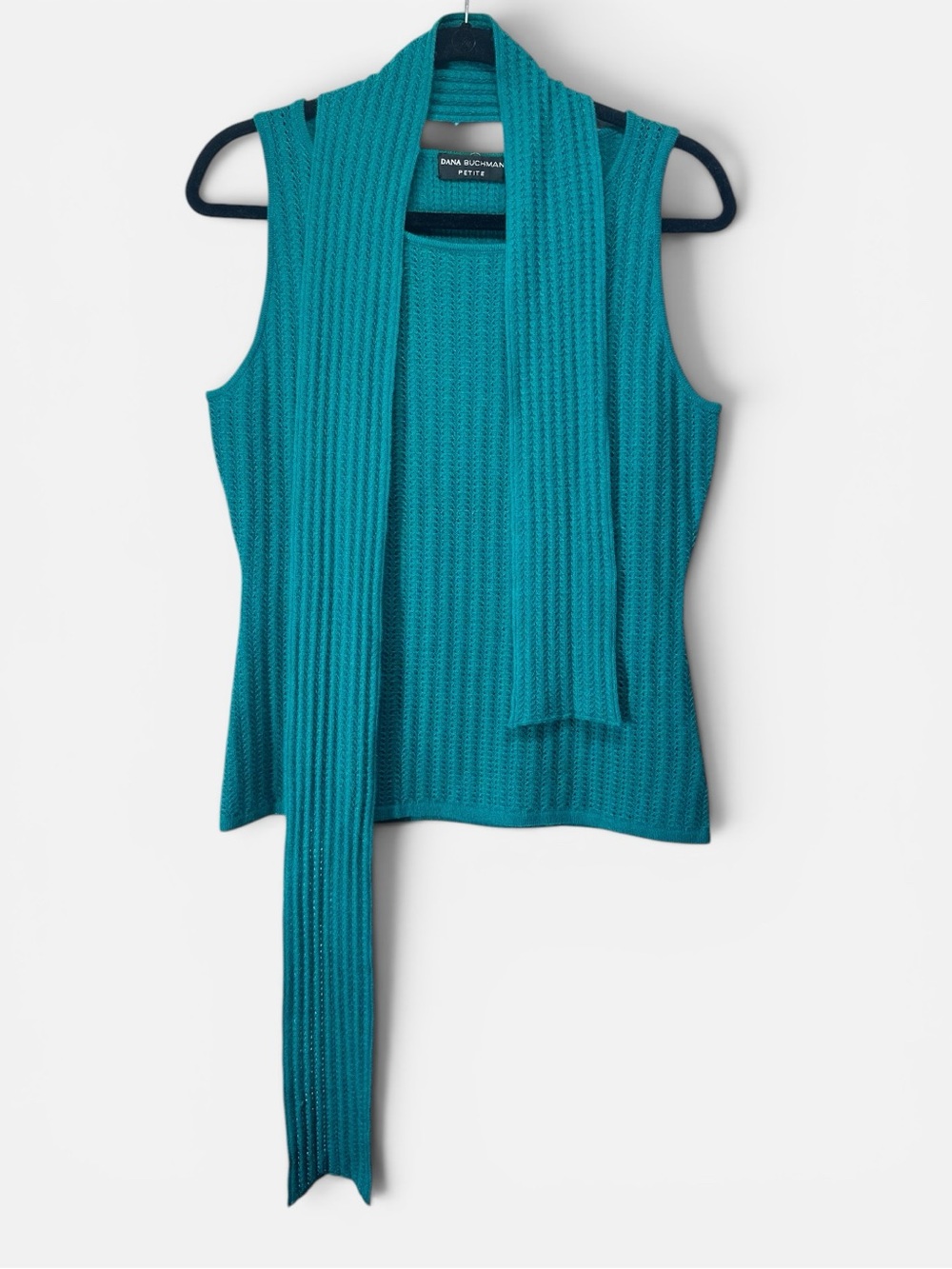 Dana Buchman 100% Cashmere Teal Ribbed Knit Top Attached Scarf Pet. Large NWT